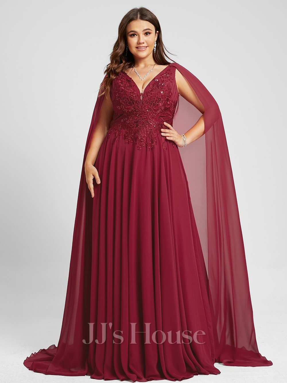 JJs House Wine Mulberry Lace Appliqué V-Neck Cape Evening Dress